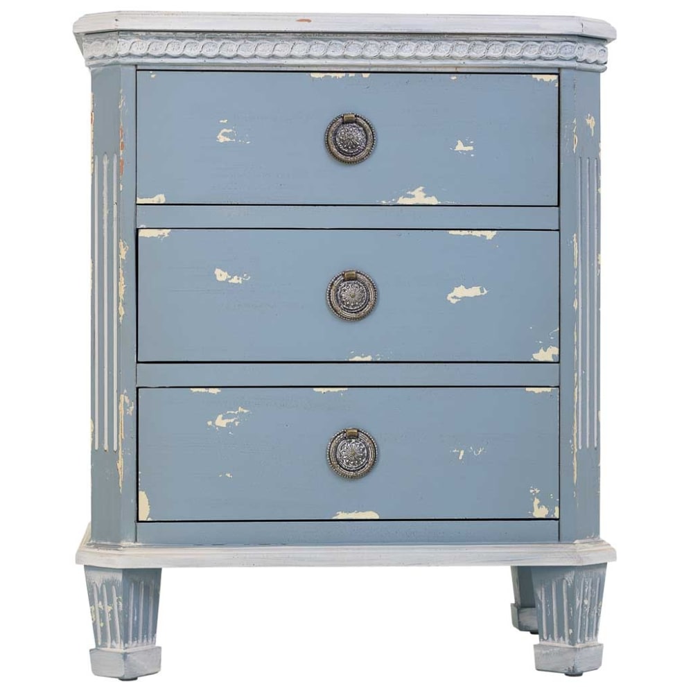 Table de chevet en bois bleu avec 3 tiroirs 50x35x60h cm