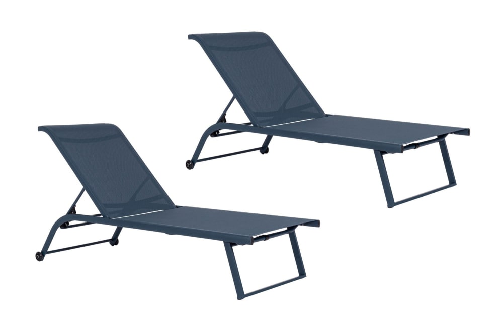 Lot de 2 bains de soleil inclinables en aluminium et tissu bleu marine