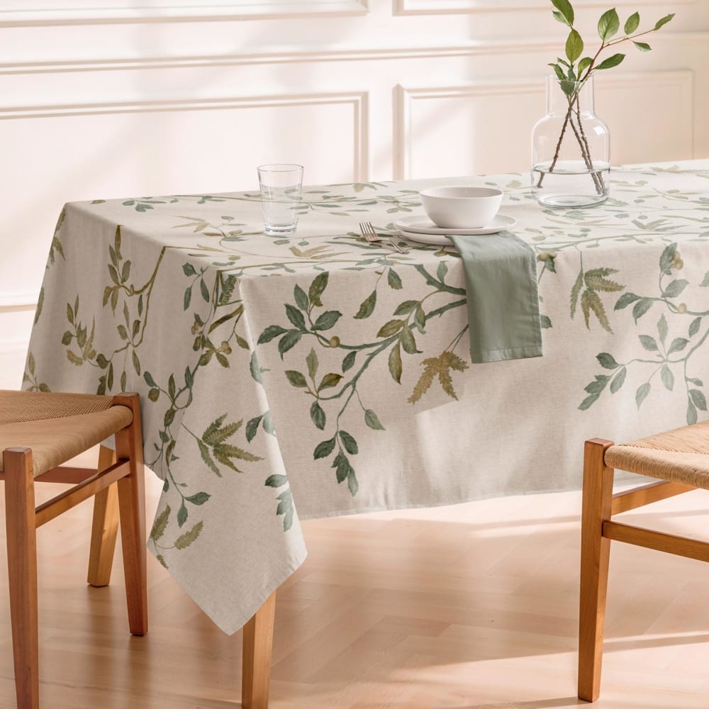 Nappe antitache en coton avec feuilles vertes 155x250