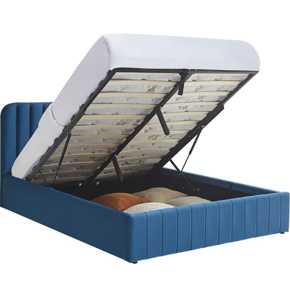 Lit coffre 140x190 cm avec tête de lit en velours bleu
