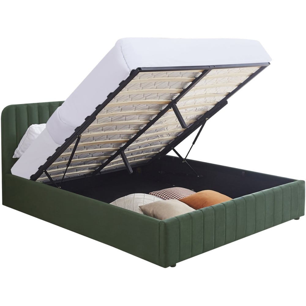 Lit coffre 140x190 cm avec tête de lit en velours vert kaki