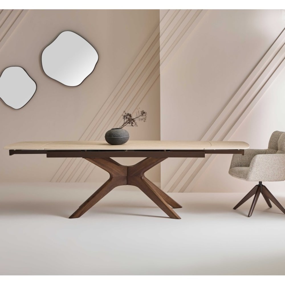 Table en céramique beige et bois avec allonges Table en céramique beige et bois avec allonges