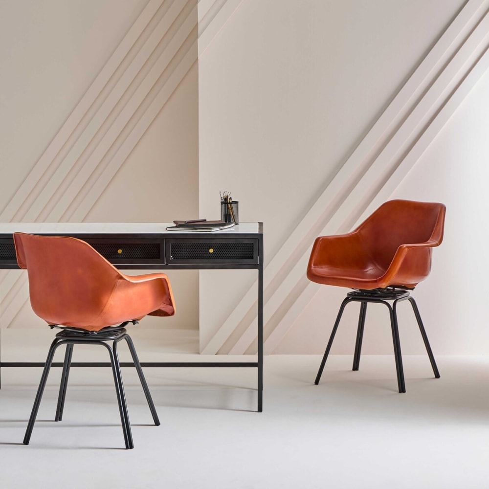 Fauteuil bridge en cuir marron pivotant