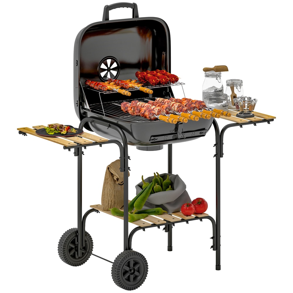 Barbecue charbon de bois couvercle étagères et roues acier noir