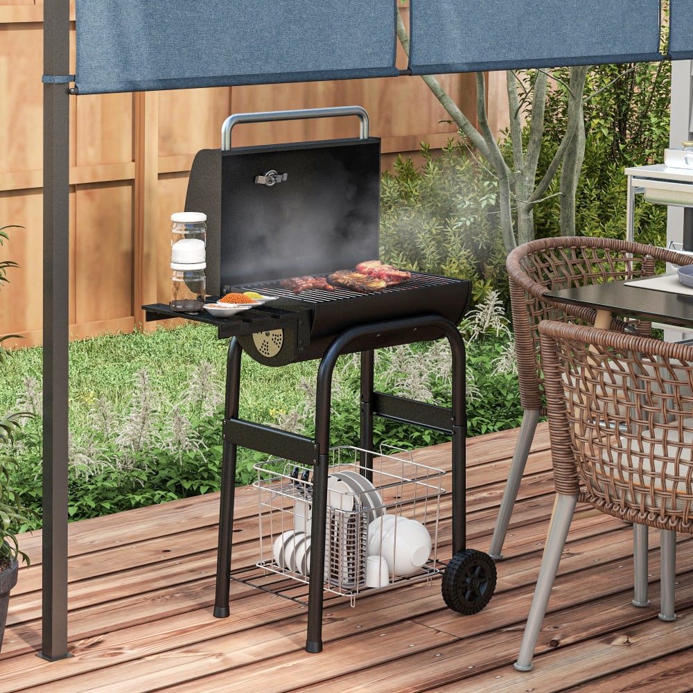 Outsunny Holzkohlegrill mit Regal, Rädern & Schwarzdeckel style modern Schwarz Metall
