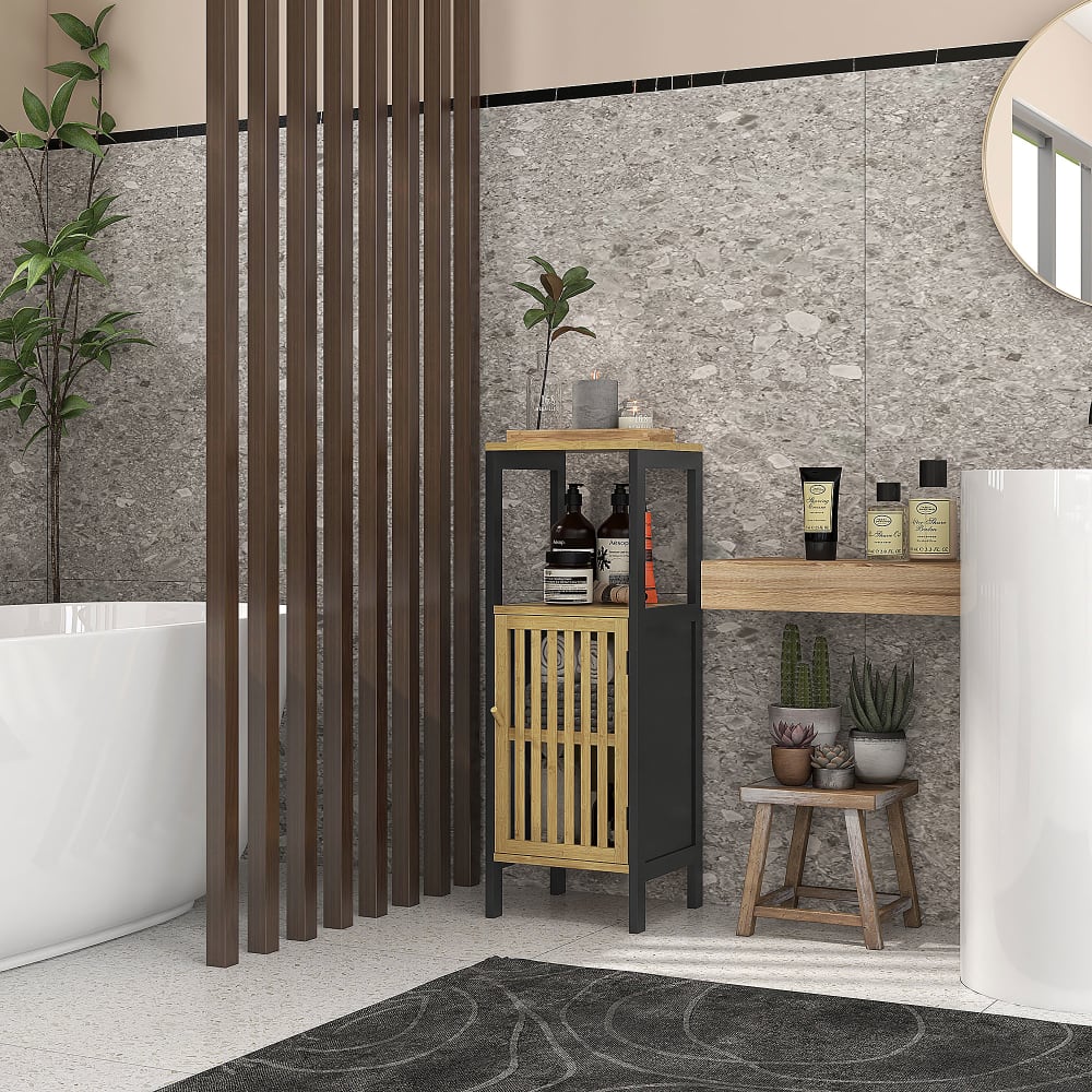 Badezimmerschrank 1 Tür Bambus&Schwarzes Holz - Maisons Du Monde
