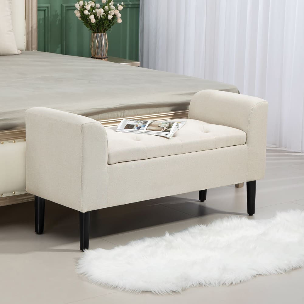 Banc coffre rangement avec accoudoirs capitonné beige
