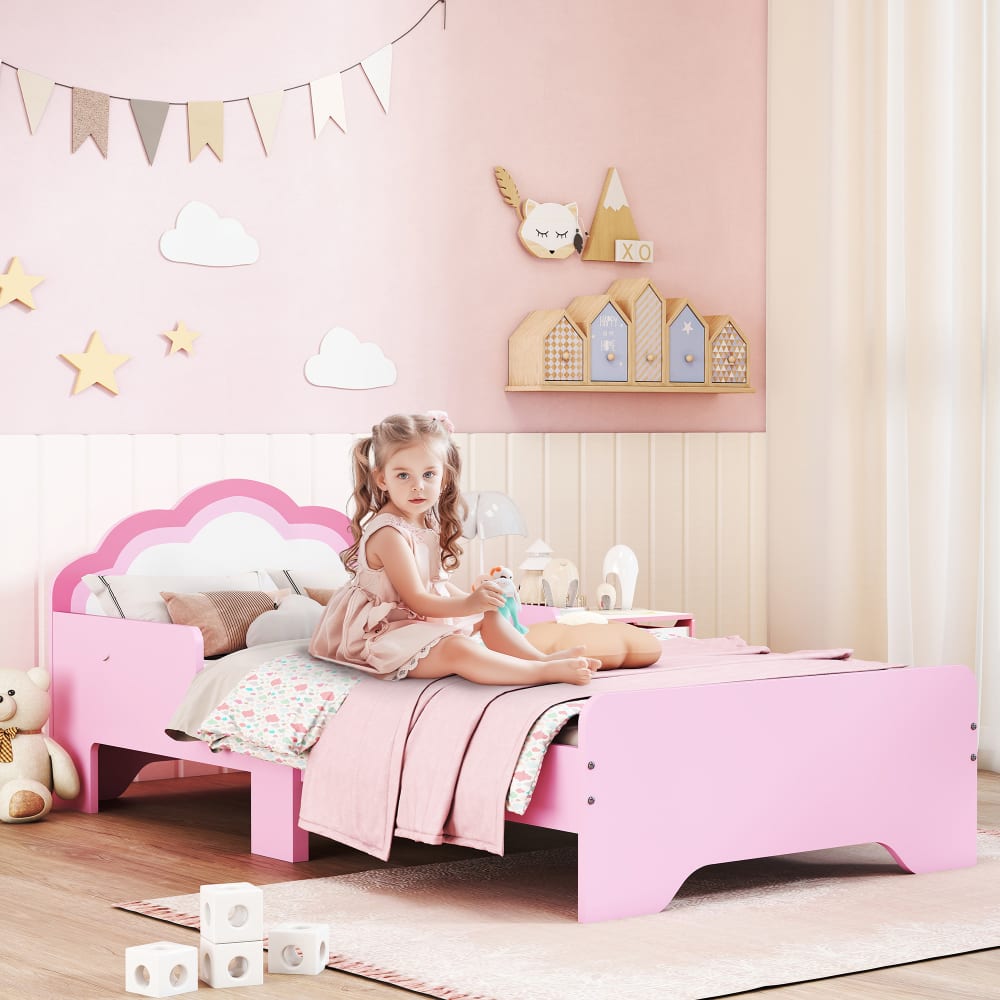 ZONEKIZ Kinderbett 3-6J Wolken-Design & rosa Holz Spanplatte Baby