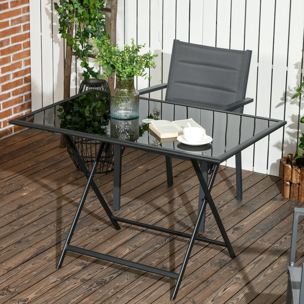 Table à manger jardin pliable verre trempé noir