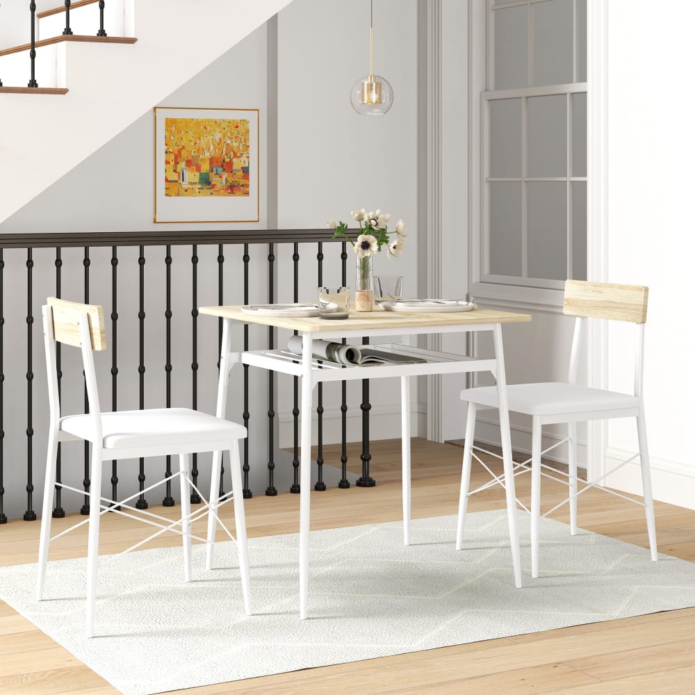 Ensemble table et chaises 2 chaises encastrables acier blanc et chêne