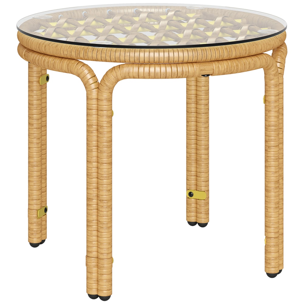 Table d'appoint en résine tressée ronde plaque en verre jaune