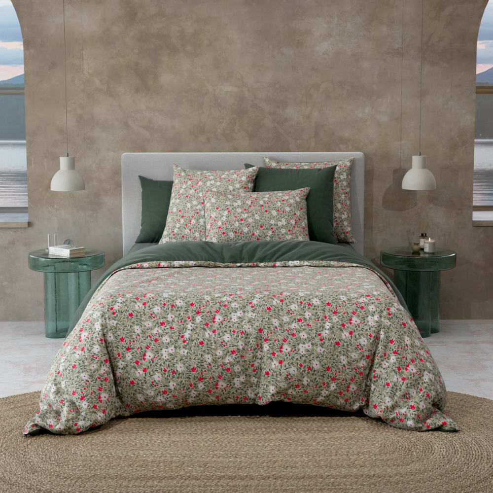 Parure de lit percale vert foncé 240x220 + 2x65x65 cm