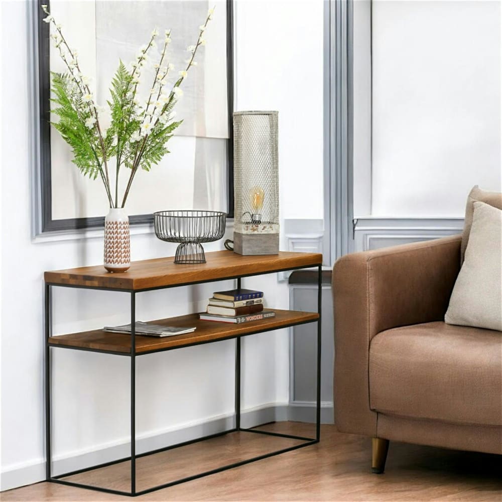 Console 2 plateaux en chêne massif brun pieds métal L120cm
