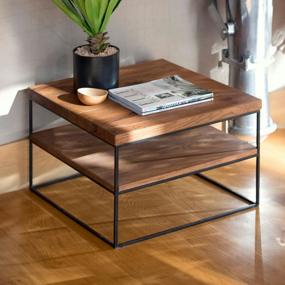 Bout de canapé carré en chêne massif double plateau L60cm