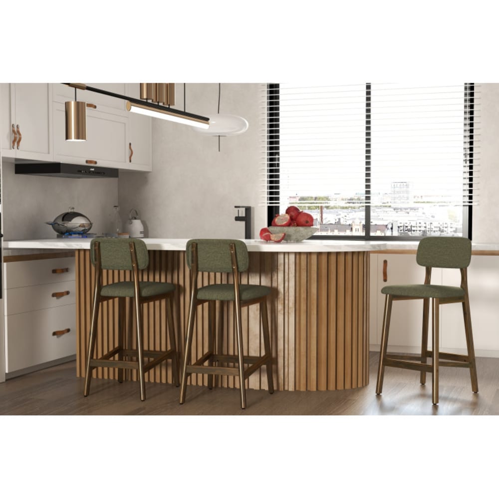 Tabouret de bar en bois patiné noyer et Tissu Trendy Sauge(x2)