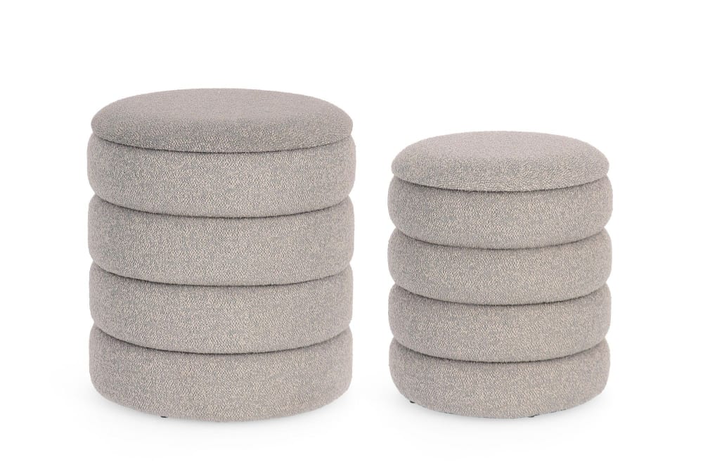 Set de 2 poufs contemporains ronds en tissu bouclette gris
