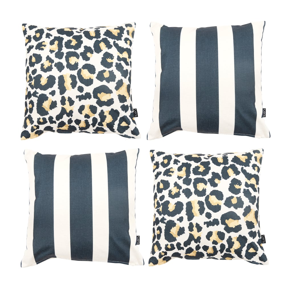 Lot de 4 coussins à imprimé léopard et rayures, multicouleur 43x43cm