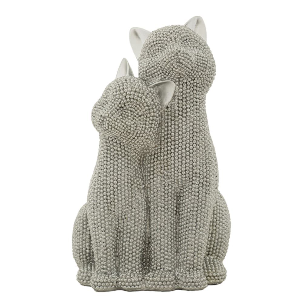 Paire de chats en résine argentée 13x10x21 cm