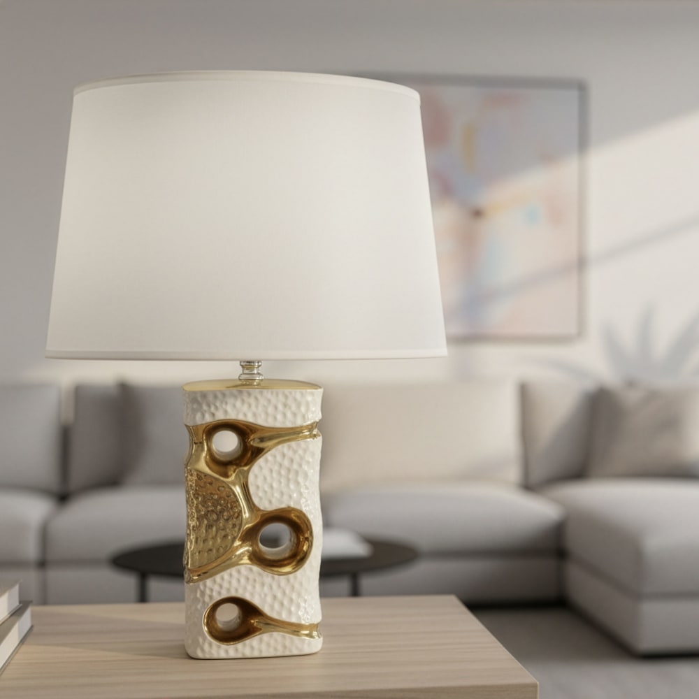 Mauro Ferretti Weiße und goldene Keramik-Tischleuchte Ø 30 x 43,5 cm Weiß Keramik