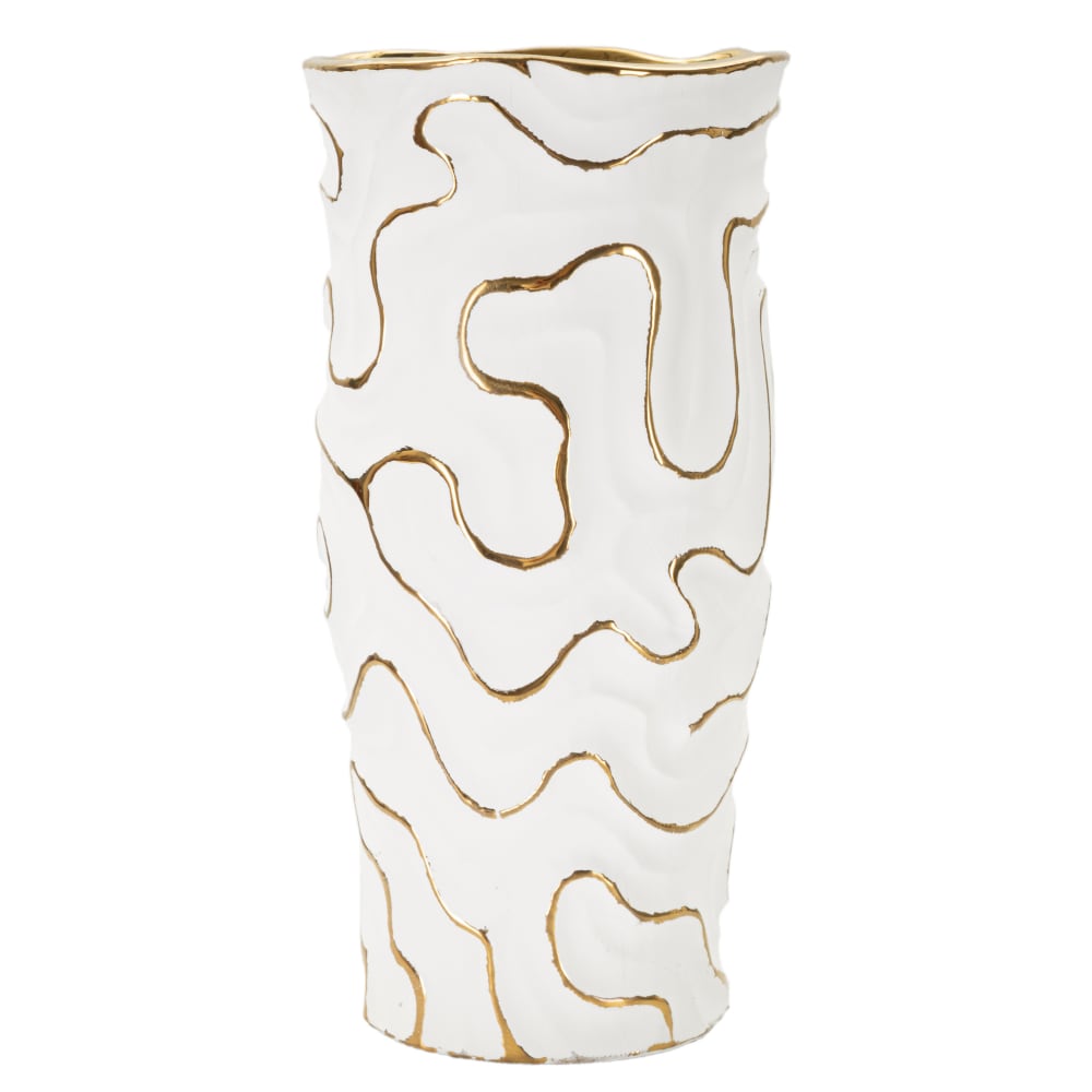 Vase décoratif en céramique blanche et dorée Ø 16x32,5 cm