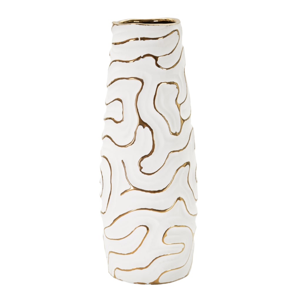 Vase décoratif en céramique blanche et dorée Ø 14,5x39,5 cm