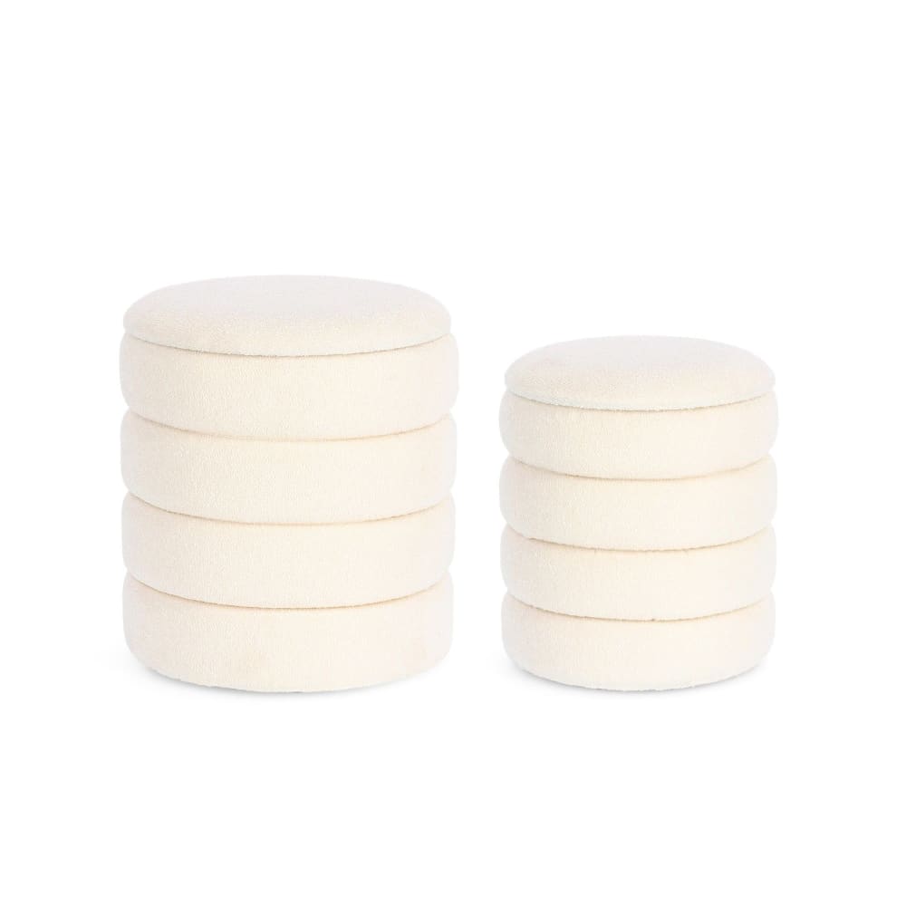 Set de  poufs contemporains ronds en tissu bouclette blanc
