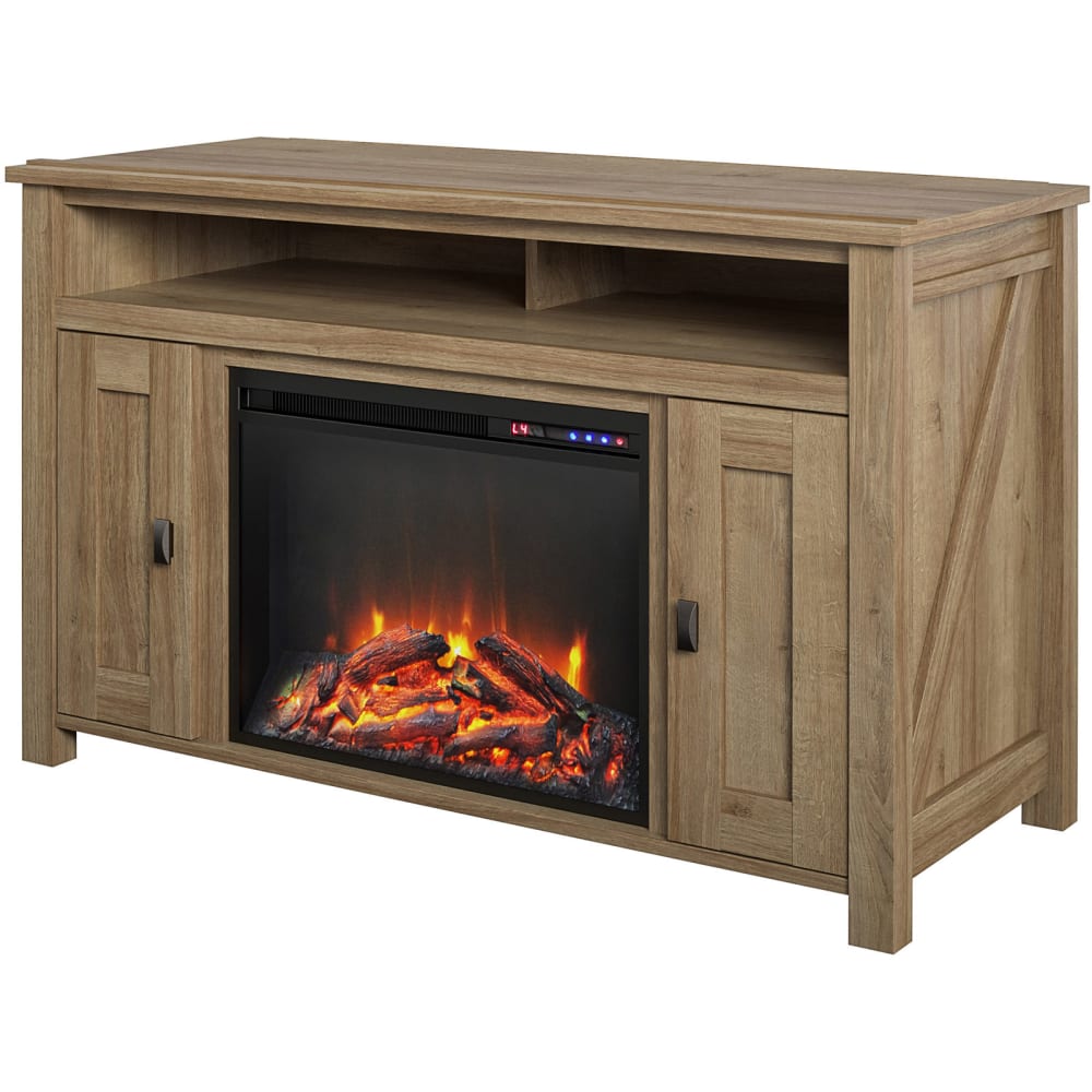 Meuble TV avec cheminée électrique effet chêne