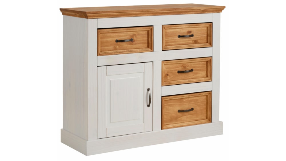 Buffet avec 1 porte / 4 tiroirs en pin ciré blanc