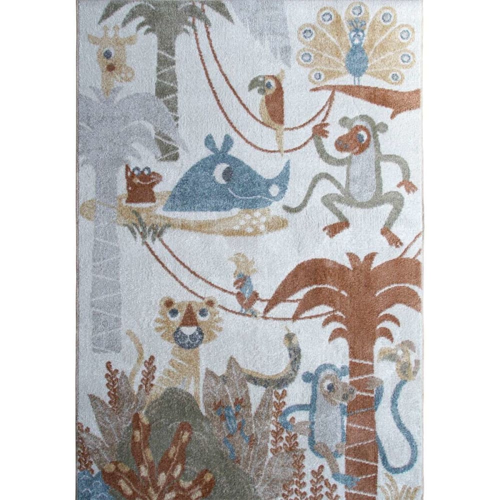 Tapis enfant lavable motif jungle gris jaune 100x150