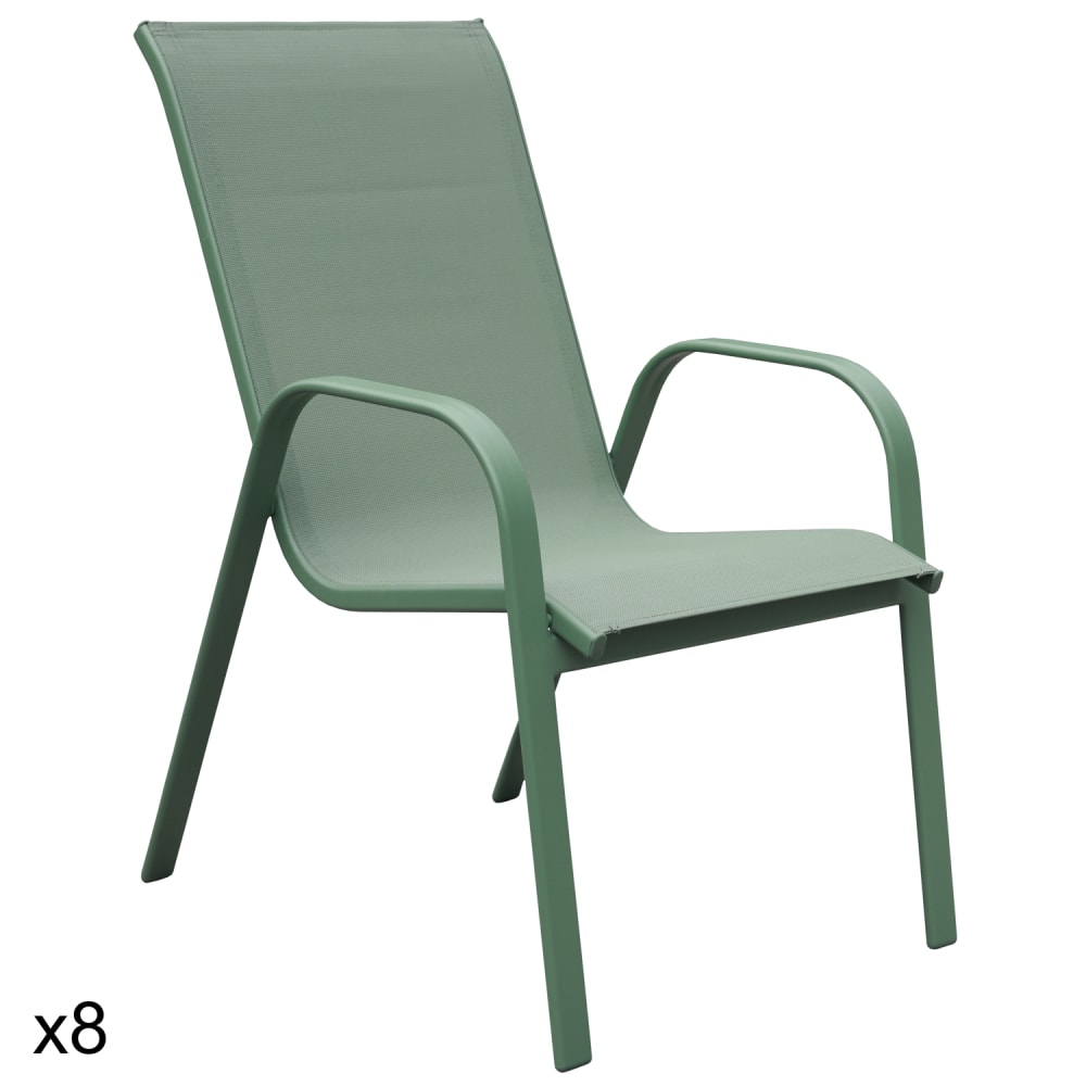 Lot de 8 chaises en textilène et aluminium vert sauge