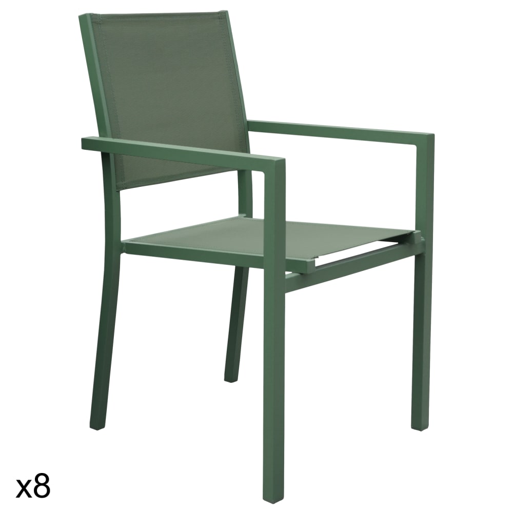 Lot de 8 chaises en aluminium et textilène vert sauge