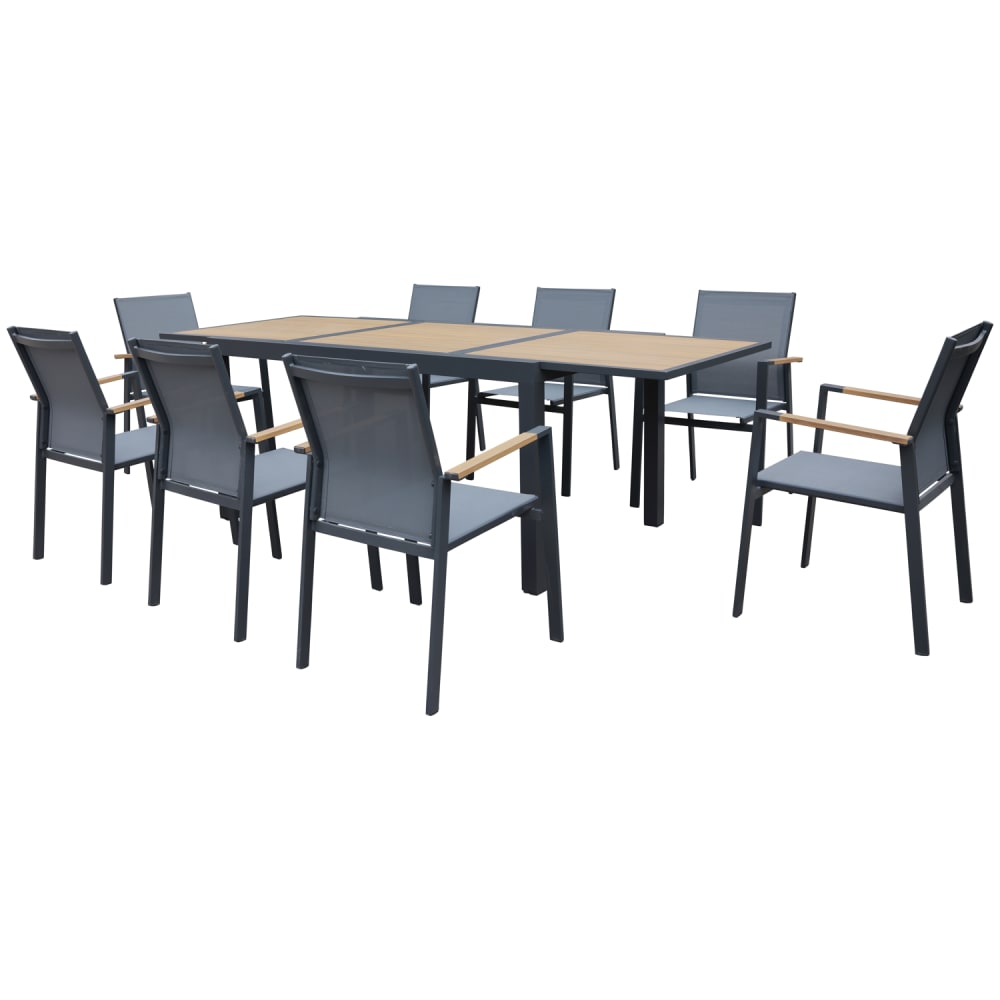 Salon de jardin table 160/240cm en aluminium anthracite et effet bois