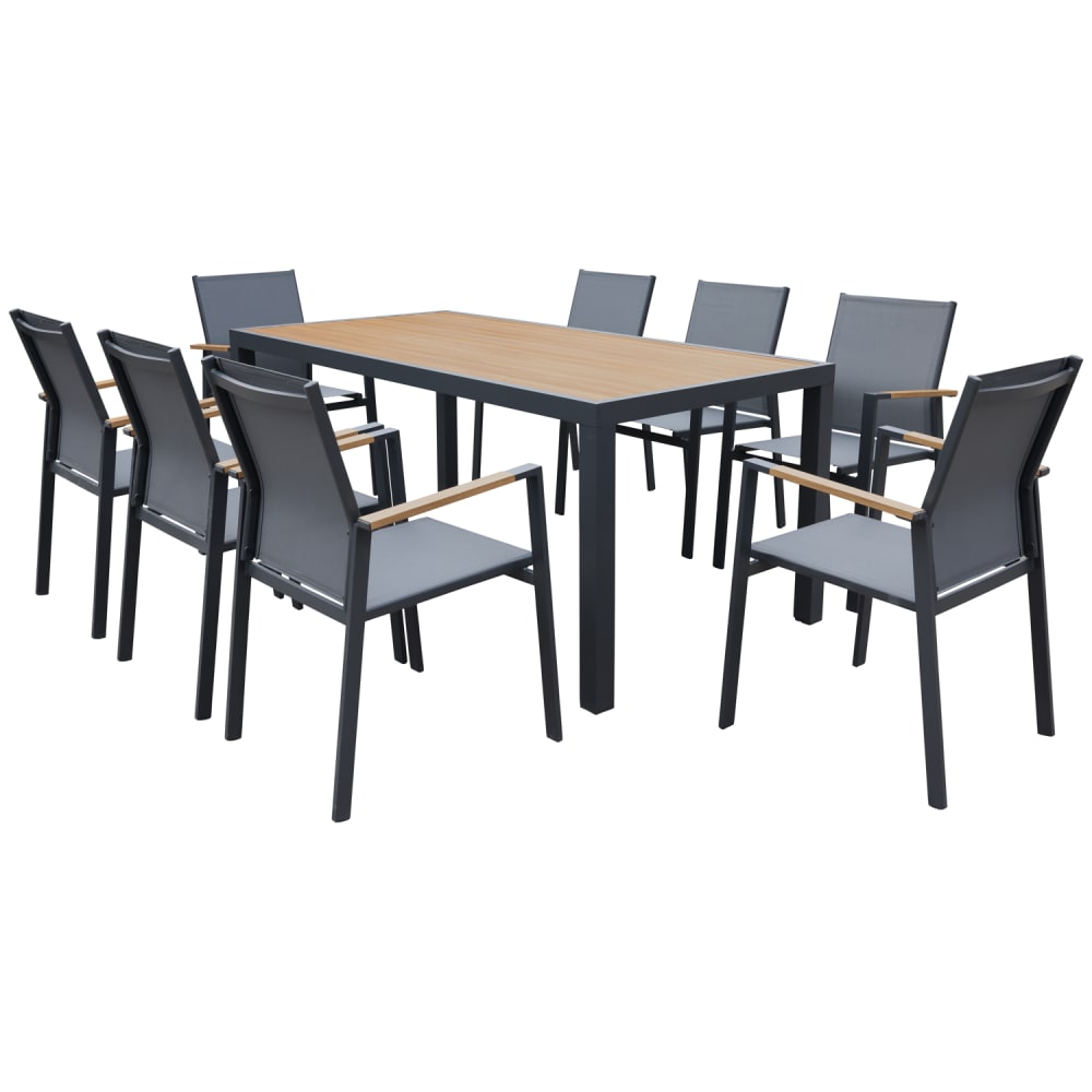 Salon de jardin table 180cm en aluminium anthracite et effet bois