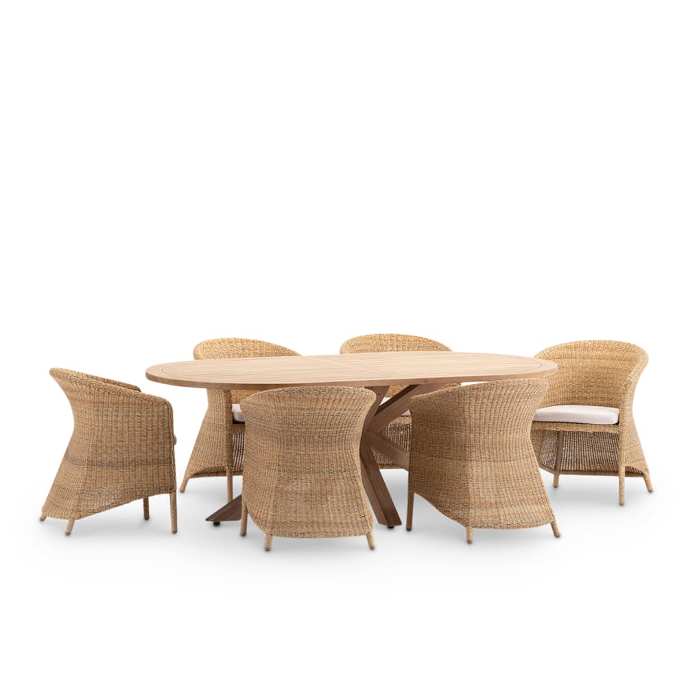 Set de repas de jardin ovale en bois et rotin 6 places