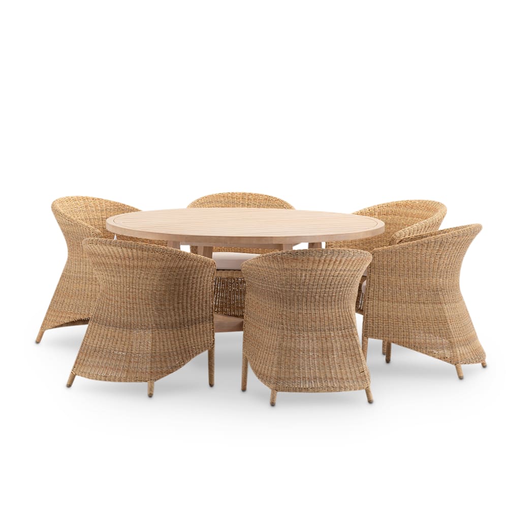 Set de repas de jardin rond en bois et rotin 6 places