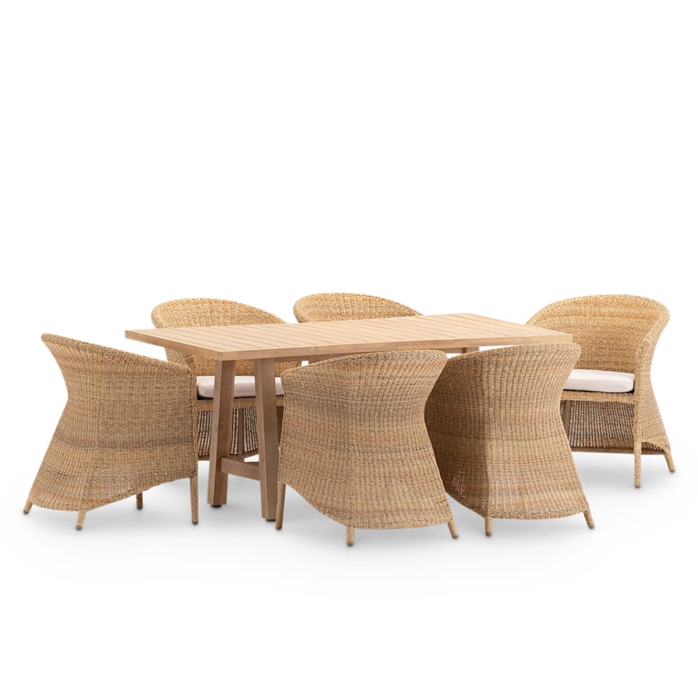 Set de repas de jardin en bois et rotin 6 places