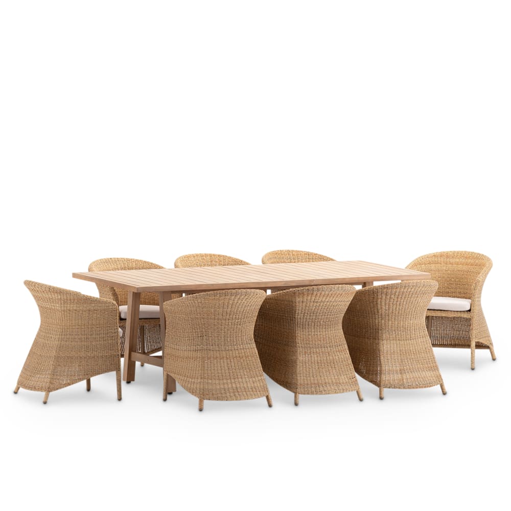 Set de repas de jardin en bois et rotin 8 places