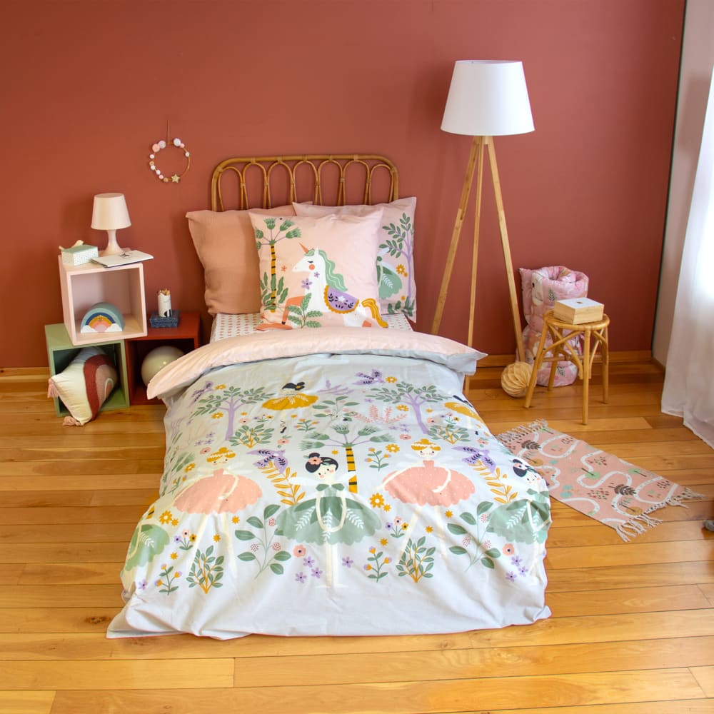 Parure de lit enfant réversible licorne et danseuses coton bleu 200 x