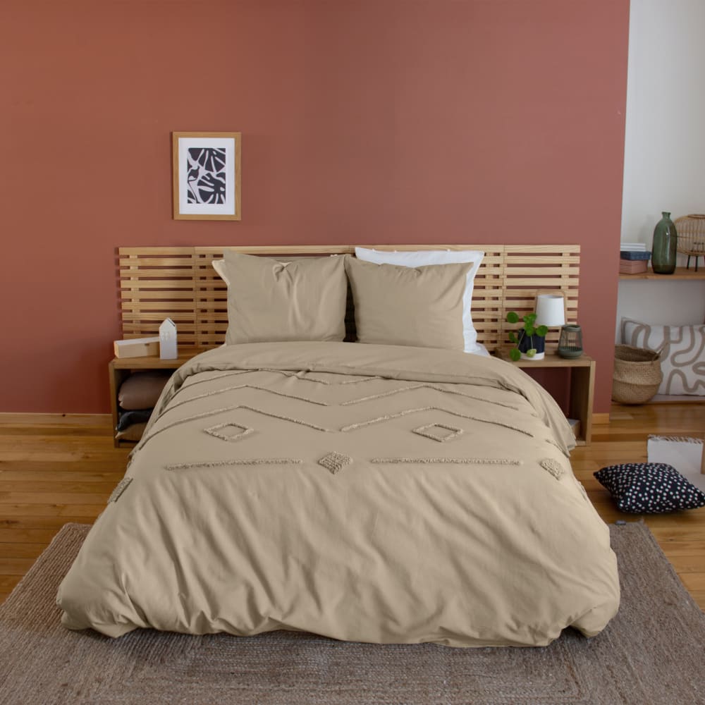 Parure de lit coton lavé tuftée géométrique beige 220 x 240
