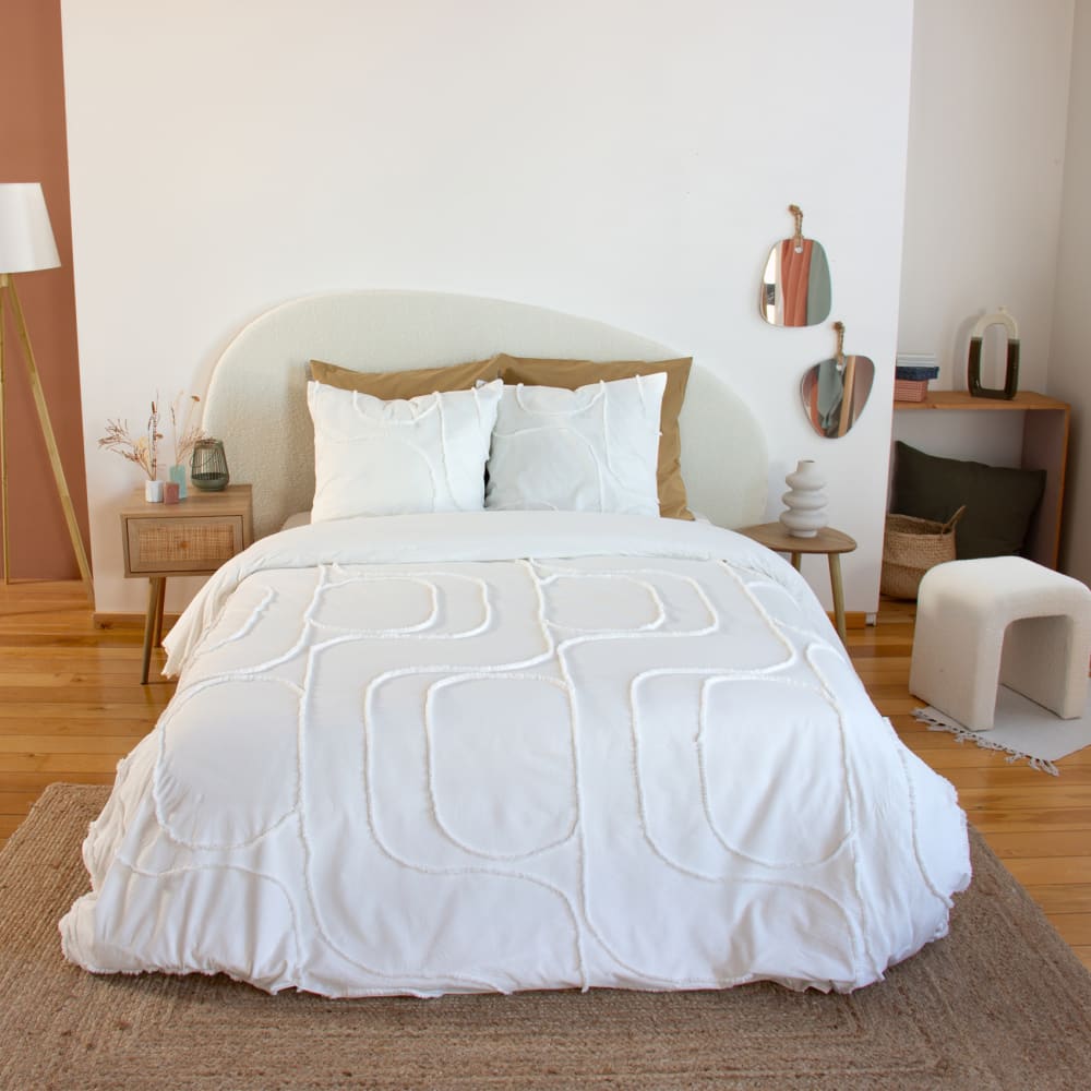 Parure de lit coton lavé tuftée géométrique abstrait blanc 220 x 240