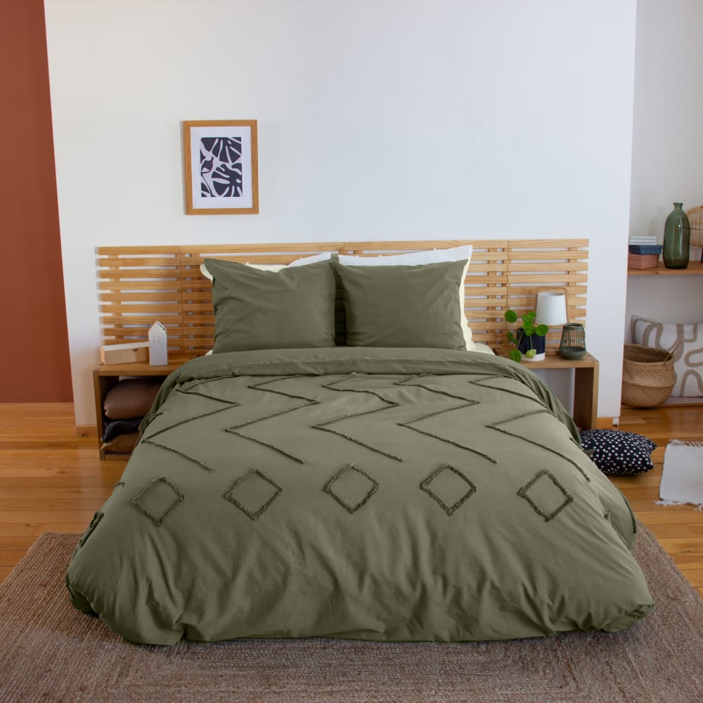Parure de lit coton tuftée géométrique vert 220 x 240