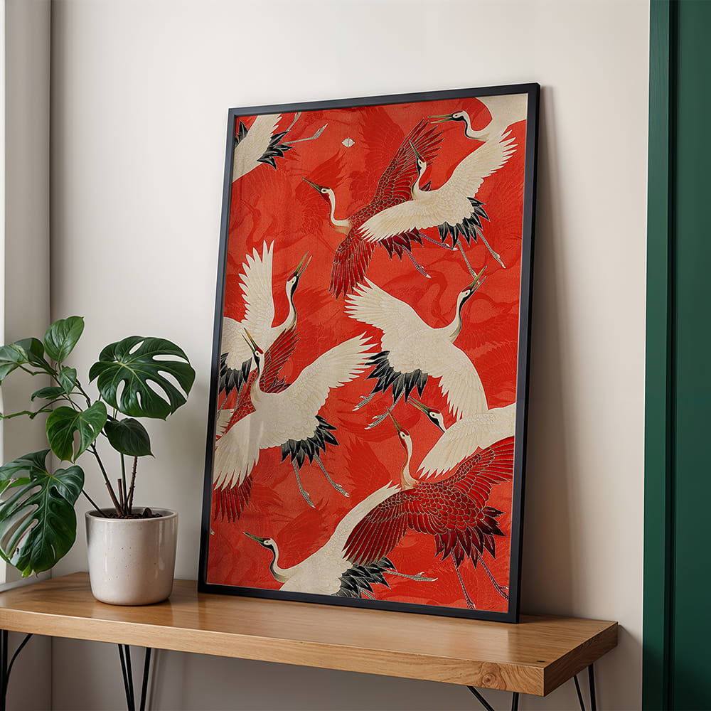 Wandbild rote kraniche, schwarzer rahmen, 50x70 cm - Maisons Du