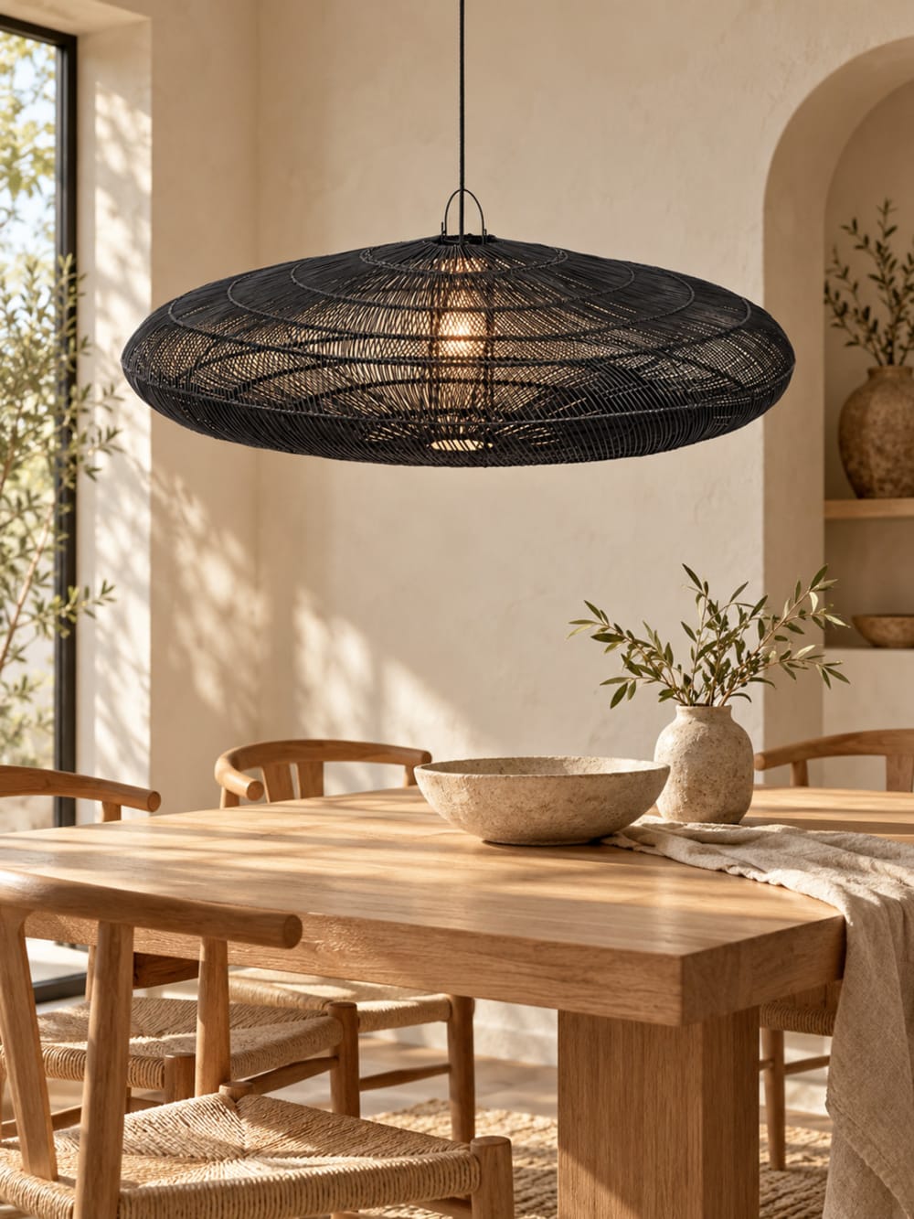 Pendelleuchte aus eisen und rattan in schwarz, 150x150x47cm -