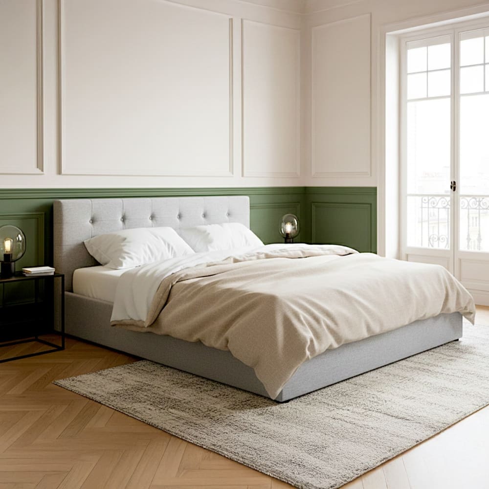 Lit coffre 160x200 cm avec tête de lit en tissu gris