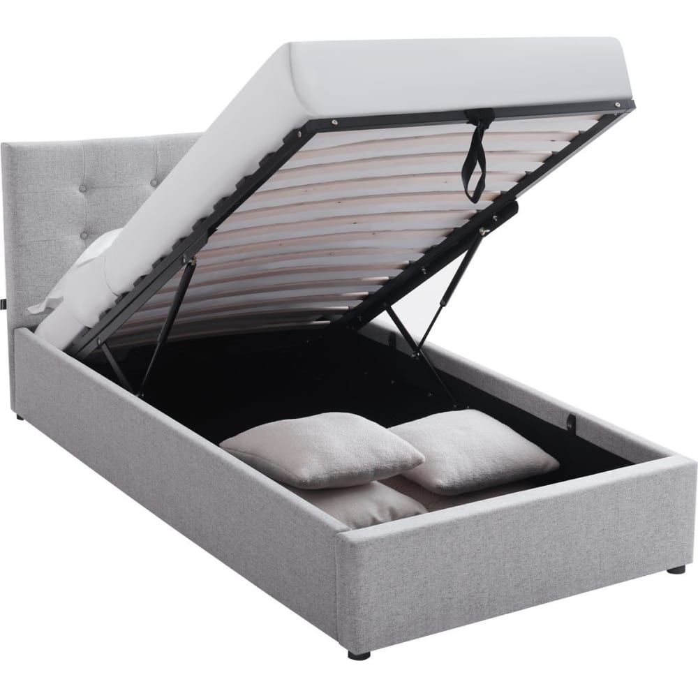 Lit coffre 90x190 cm avec tête de lit en tissu gris
