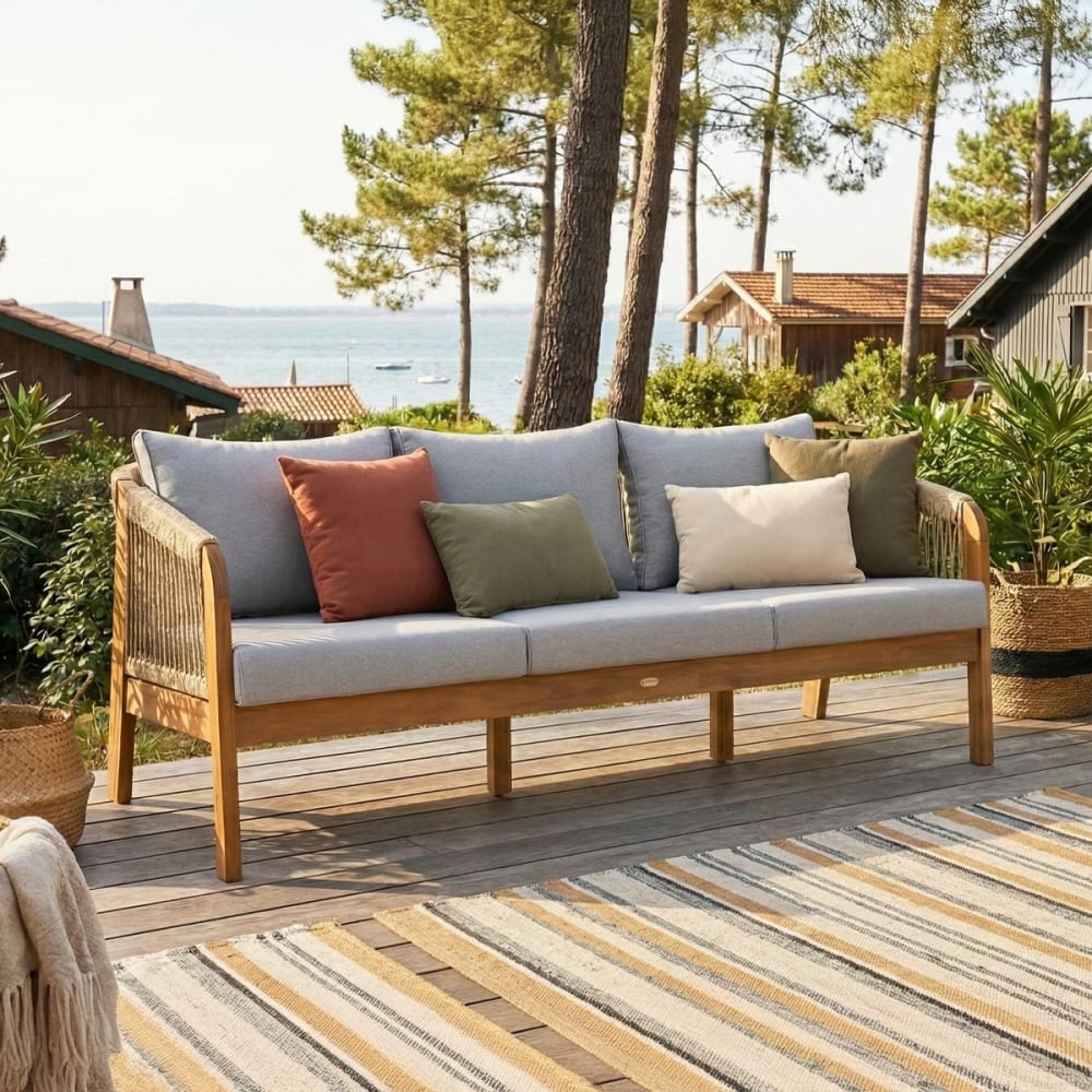 Canapé de jardin 3 places, bois FSC - coussins gris chiné