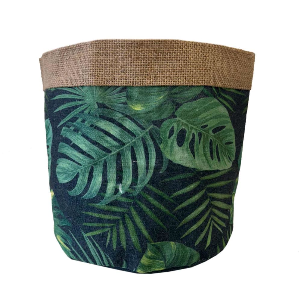 Cache-pot en jute motifs feuilles exotiques 14 cm