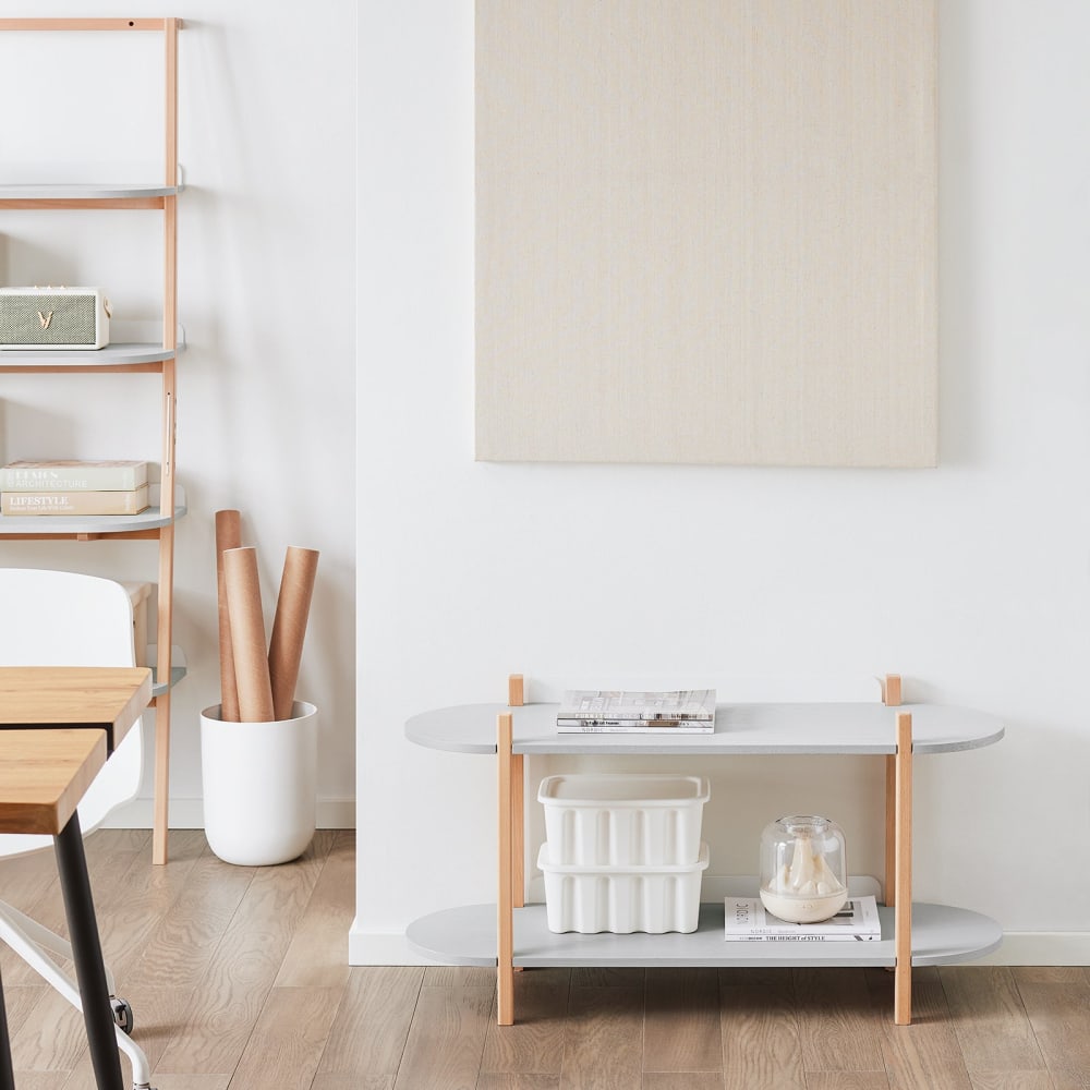Table console sur pied en bois avec 2 étages effet bois gris