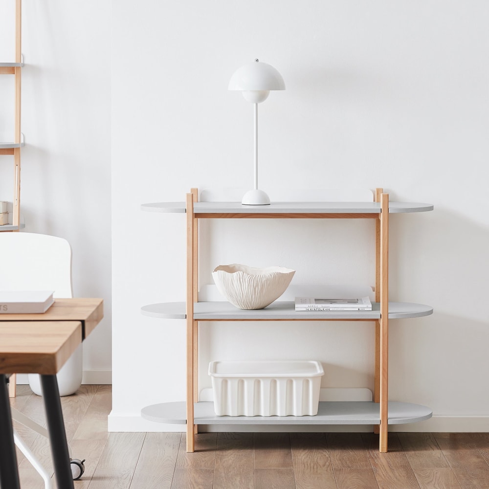 Table console sur pied en bois avec 3 étages effet bois gris