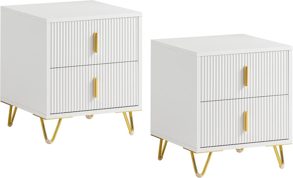 Set de 2 tables de chevet, 2 tiroirs, pieds en métal, blanc